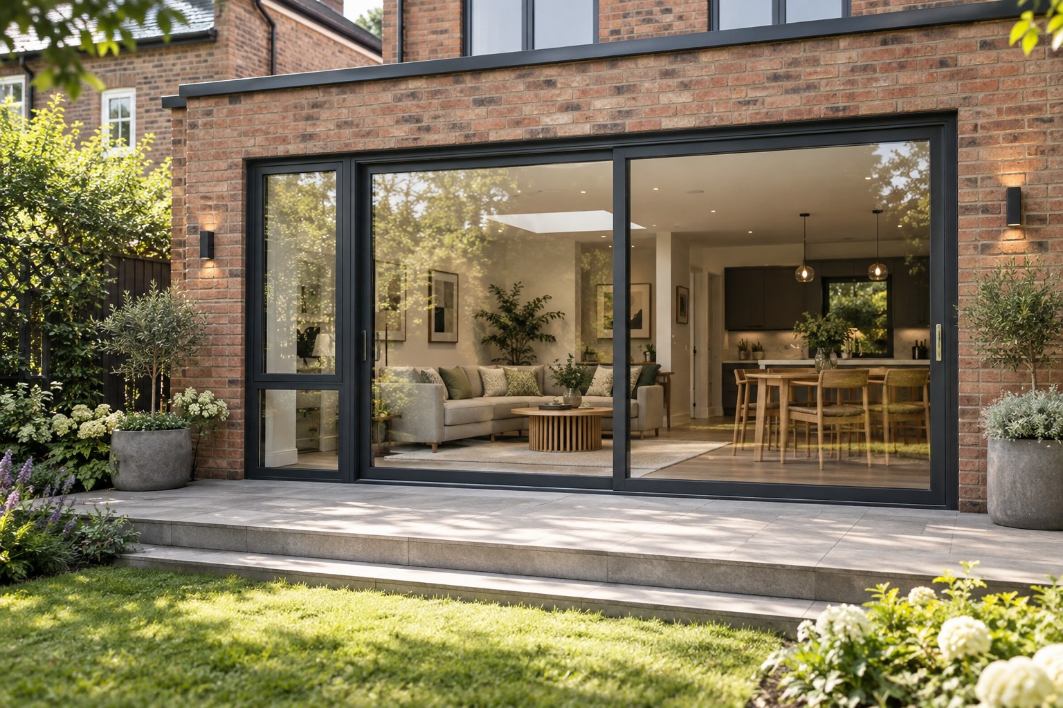 Concept British home extension with charcoal aluminium frames and glazed patio doors.